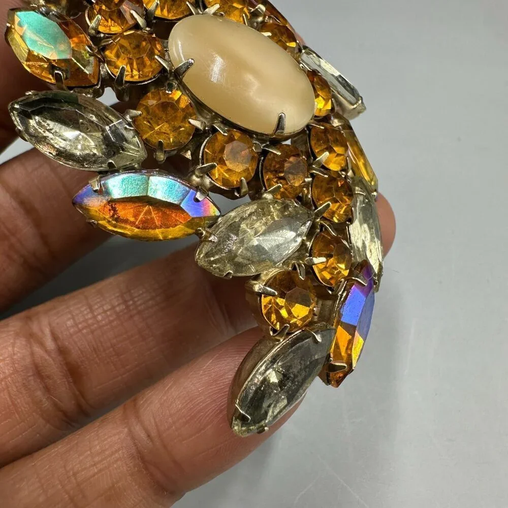 Vintage Amber Color Rhinestone Brooch Silver Tone Navette Aurora Borealis